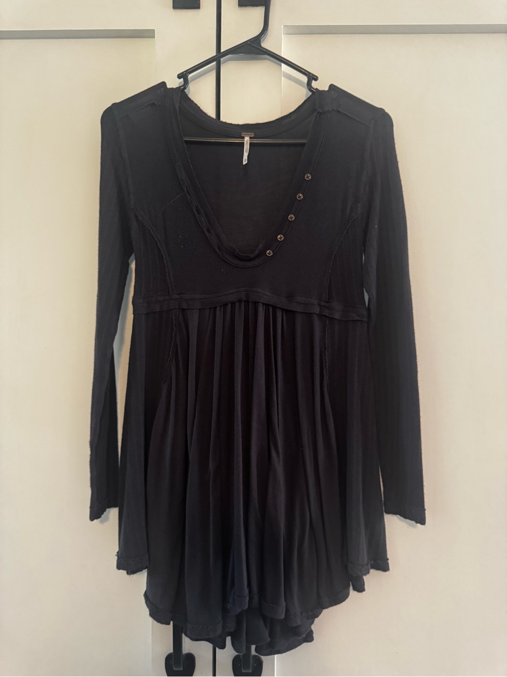 Free People Black Long-Sleeve V-Neck Tunic with Button Accents